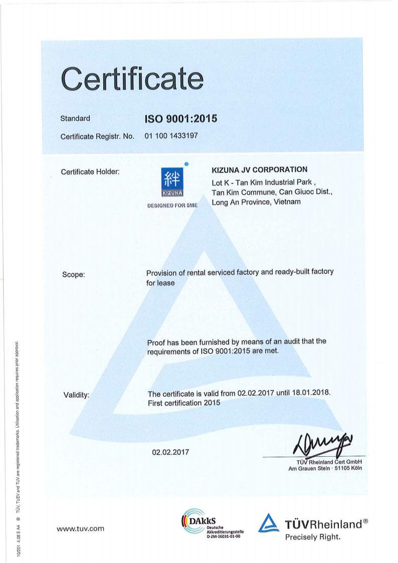 Chứng nhận ISO 9001:2015 - Công ty cổ phần Kizuna JV