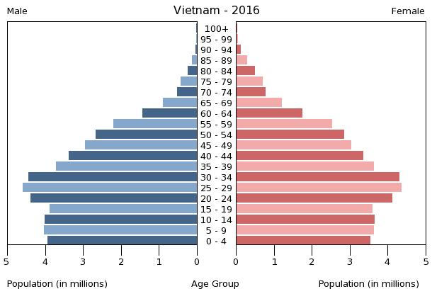 Tháp dân số Việt Nam 2016 (Nguồn: Central Intelligence Agency 2016)